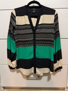 Alfani Black Cream and Green Striped Button-Front Blouse